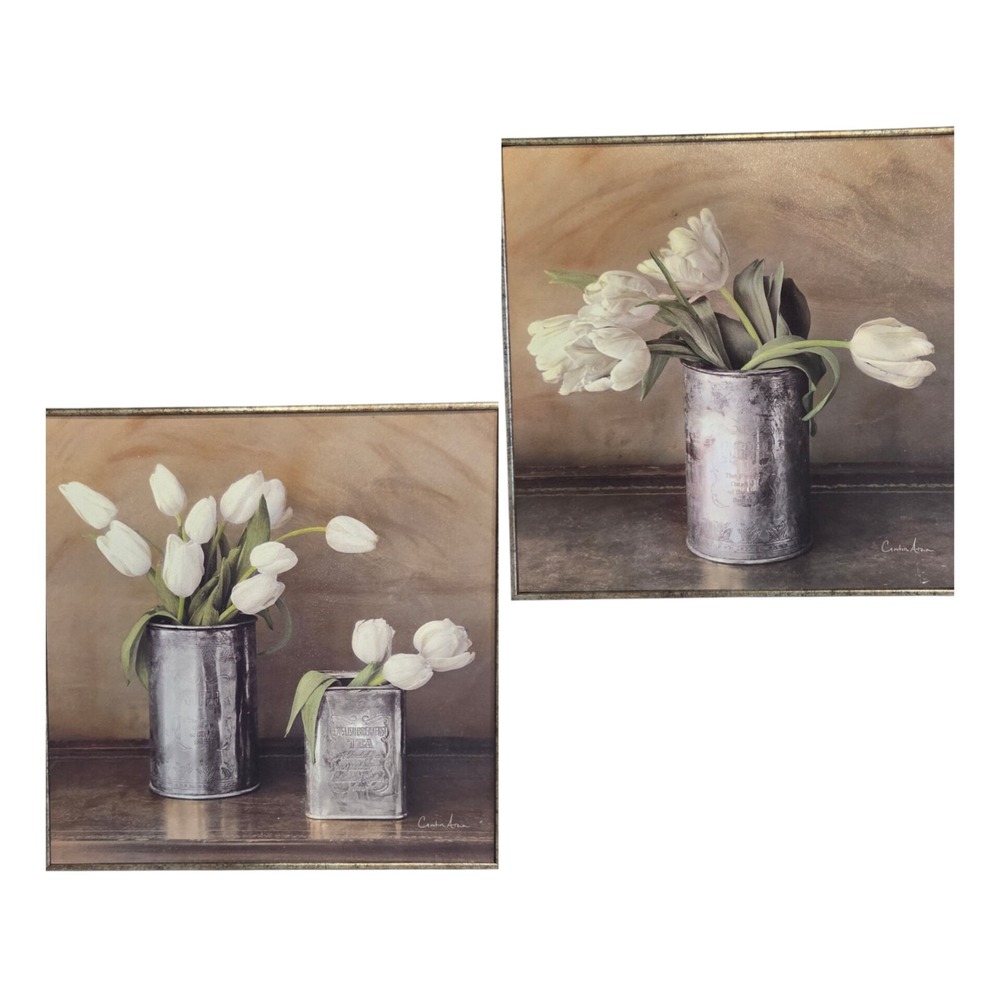 Set of 2 Shabby Chic Christin‎ Atria Tulips Painting Print Wall Art Panel 12x12